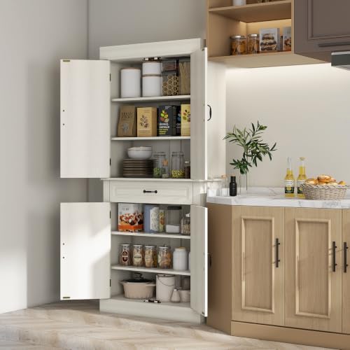 HOMCOM 71" Freestanding Kitchen Pantry Cabinet 4 Doors Distressed White