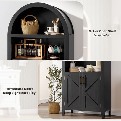 Arched Kitchen Pantry Cabinet with Doors, 5-Tier Open Display Shelf, Black
