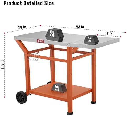 Feasto 43" Lx20 W Grill Table with Folding Side Table & Undershelf, Orange