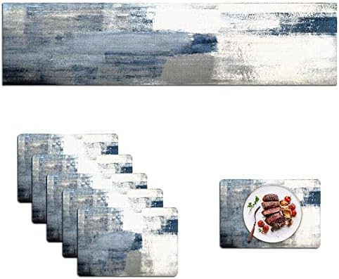 Mcalk Dusty Blue Table Runner and Placemats Set of 6 Pieces, Pink Flower Placemats Modern Art,Abstract Art Cloth Place Mats Indoor for Kitchen,Washable Placemats Linen Material for Dining Table
