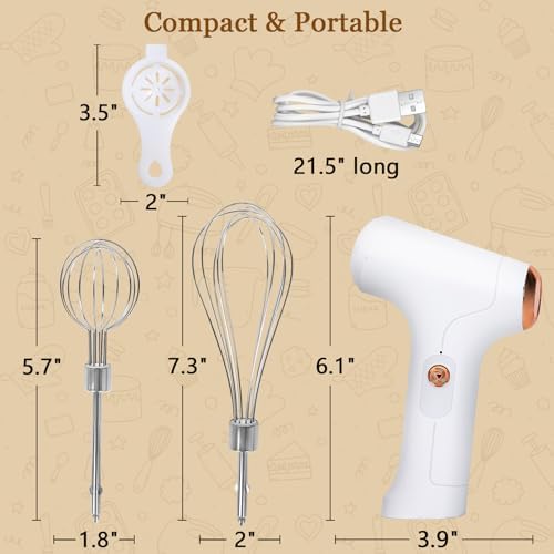 Cordless Hand Mixer, Handheld Electric Whisk with 3 Speed Modes, Hand Held Egg Beater with 2 Detachable Stir Whisks (White)