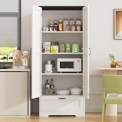 Shintenchi 65" Kitchen Pantry Cabinet, Farmhouse Tall Cupboard, White