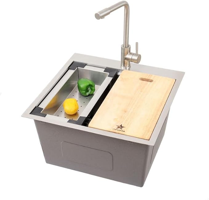 STARSTAR Workstation Ledge Top Mount/Drop-in 304 Stainless Steel Luxury Single Bowl For Kitchen,Yard, Office, Bar, Laundry Sink (22 x 22)