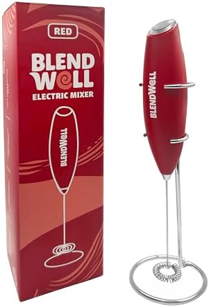 BlendWell Electric Milk Frother for Matcha and Coffee, Handheld Battery Operated Drink Mixer with Stand, Stainless Steel Whisk, Red