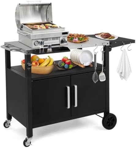 Outdoor Grill Cart with Storage, Foldable Side Shelf & Wheels, Black