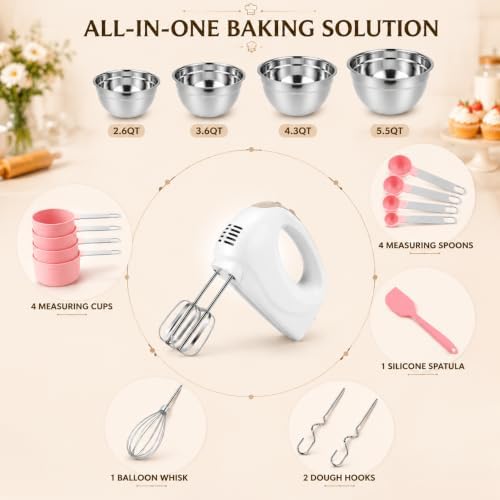 Showvigor Electric Hand Mixer with 5 Stainless Steel Whisks,5 Speed,White