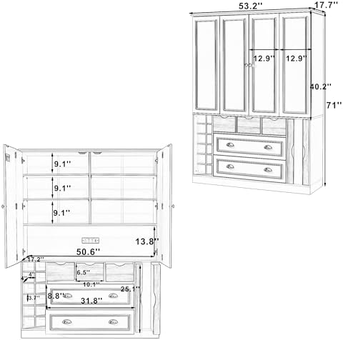 Merax Farmhouse 71" Large Kitchen Pantry Cabinet with Power Outlet, 53.2" Wide Storage Cupboard with 4 Foldable Doors, Adjustable Shelves, Wine Racks & Serving Trays, for Dining Room, White