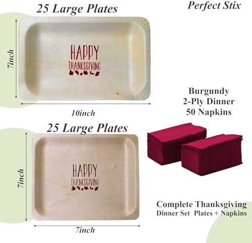 Perfect Stix Thanksgiving Plates and Napkins Set, 25 Large 10-Inch and 25 Small 7-Inch Wooden Plates with 50 Burgundy 2-Ply Dinner Napkins