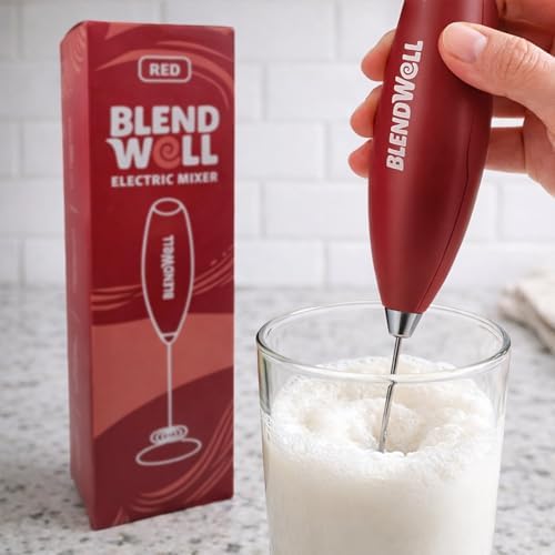 BlendWell Electric Milk Frother for Matcha and Coffee, Handheld Battery Operated Drink Mixer with Stand, Stainless Steel Whisk, Red