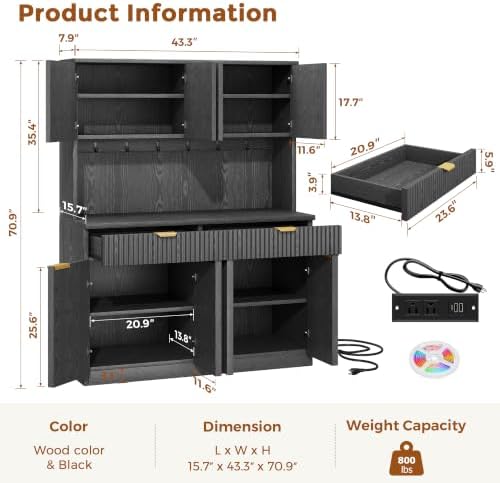 Jocoevol Fluted Kitchen Pantry Storage Cabinet with Charging Station & LED Lights,71" Tall Kitchen Hutch with Microwave Stand, Adjustable Shelves,Storage Doors(Black, 47" W x71 Hx15.7 D)