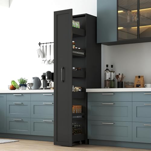KEIKI Pull-Out Kitchen Pantry Storage Cabinet with Multi-Tier Shelf, Spice Rack Next to Fridge, Freestanding Wood Hutch Food Pantries Cupboard for Coffee Bar, Dining Room, Narrow Spaces