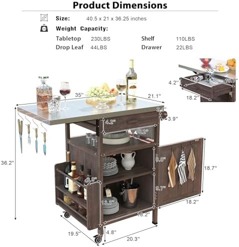 Merax Grill Cart with Storage, Patio Kitchen Island Outdoor Grill Table with Lockable Wheels Drop Leaf, BBQ Cart Movable Pizza Oven Table Stand, Brown