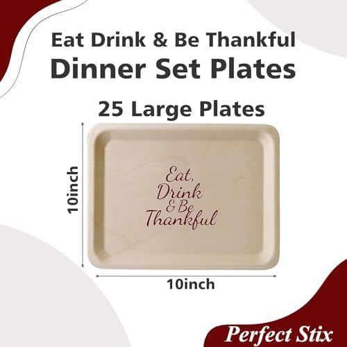 Perfect Stix 10-Inch Wooden Plates with “Eat Drink & Be Thankful” Printed in Burgundy – Eco-Friendly Disposable Dinner Plates – Fall Tableware for Thanksgiving & Friendsgiving Parties – Pack of 25