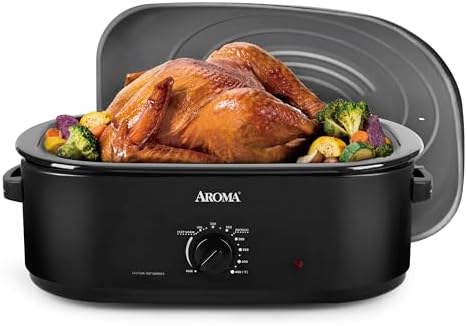 AROMA 18Qt. Roaster Oven with Self-Basting Lid, Fits 22-lb. Turkey, Adjustable Temperature Settings, Keep Warm Setting, Black (ART-718B)