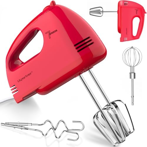 LILPARTNER Hand Mixer Electric, Ultra Power Kitchen Hand Mixer With 7-Speed & 5 Stainless Steel Accessories for Whipping Dough, Cream, Cake, Dishwasher Safe, Light Red