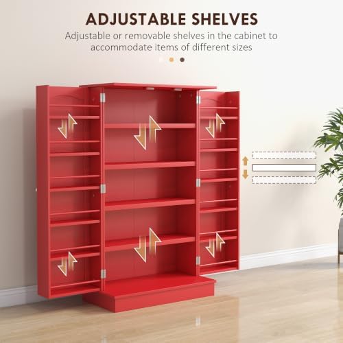 HOMCOM 41" Kitchen Pantry Storage Cabinet 12 Door Shelves Red