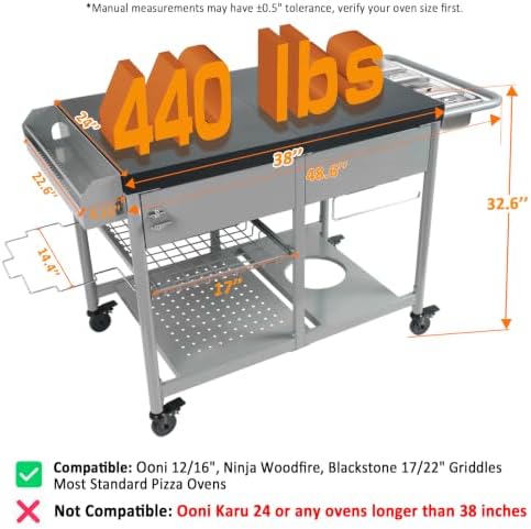 Heavy Duty Grill Cart Pizza Oven Table for Blackstone 17/22 Griddle Ninja Ooni Woodfire