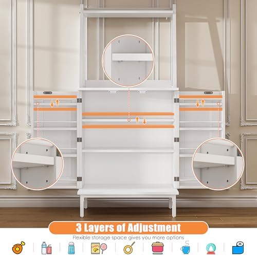 kepptory 51" Kitchen Baker's Rack with Storage, Microwave & Toaster Oven Stand, Freestanding Coffee Bar Station with Wine Glass Holder & Side Storage Shelves, White