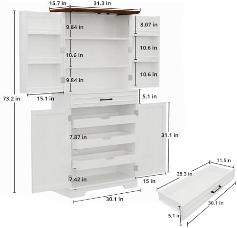 IRONCK 72" Kitchen Pantry Cabinet with Sliding Rack & Adjustable Shelves