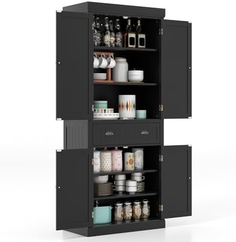 GIANTEX Pantry Organizers and Storage, 72" Tall Kitchen Cabinet with 2-Door Cabinets & Drawer, Buffet Sideboard w/Adjustable Shelves, Wooden Freestanding Cupboard for Dining Room Living Room (Black)