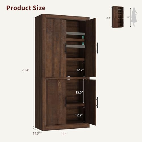 71" Tall Kitchen Pantry Cabinet, Farmhouse Kitchen Pantry Storage Cabinet with 4 Doors & Adjustable Shelves, Freestanding Wood Large Food Cupboard for Dining, Living Room, Rustic Brown