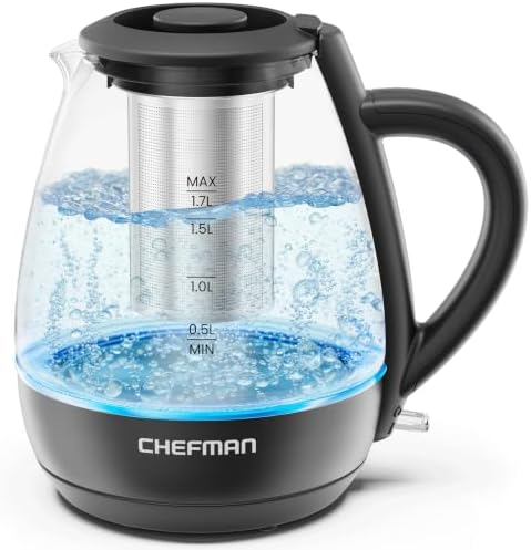 Chefman Electric Kettle with Tea Infuser, 1.7L 1500W, Removable Lid for Easy Cleaning, Boil-Dry Protection, Stainless Steel Filter, BPA Free, Auto Shut Off Hot Water Boiler, Glass Electric Tea Kettle by Chefman