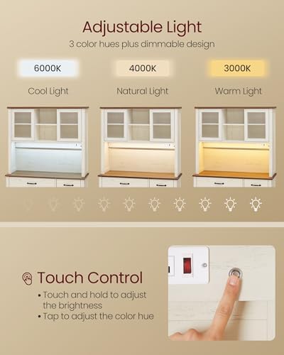 VASAGLE Pantry Cabinet with Lights and Charging Station