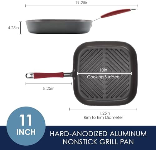 Rachael Ray Cucina Hard-Anodized Nonstick 11-Inch Deep Square Grill Pan, Gray with Cranberry Red Handle - 87632