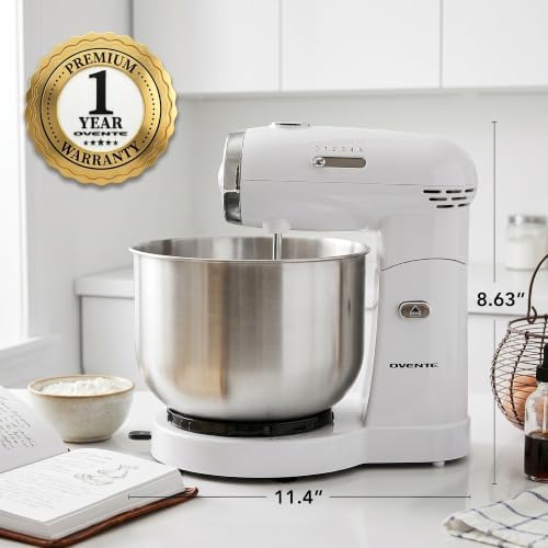 OVENTE Electric Stand Mixer, 3.5 QT, 5 Mixing Speeds, 250W, White SM680W