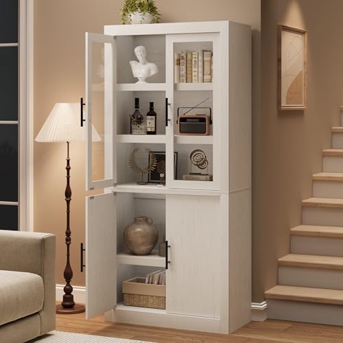 Garvee 70.4" Tall Kitchen Pantry Cabinet with Glass Doors, Retro White