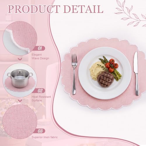 Set of 12 Pink Cotton Placemats 15" Round Scalloped White