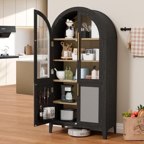 63" Tall Arched Cabinet with Glass Doors, Kitchen Pantry Storage Cabinet with Dust-Proof Rattan, 5-Tier Curio China Cabinet with Adjustable Shelves for Living Room Dining Room, Black