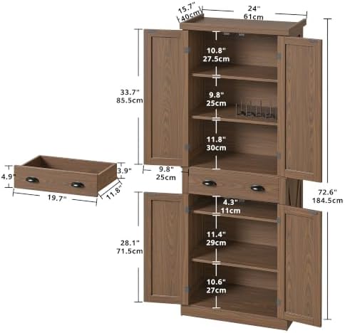 IRONCK Kitchen Pantry Storage Cabinet 72.6" H x 24" W, Walnut