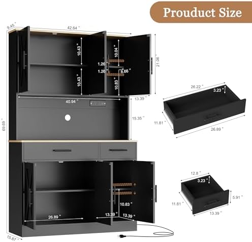 Shintenchi Pantry Cabinet with Charging Station, 70” Tall Kitchen Storage Cabinet with Microwave Stand, Storage Drawers & Adjustable Shelves, Large Capacity Kitchen Hutch for Dining Room, Black