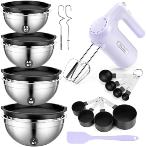 5-Speed Hand Mixer Electric With 4 Mixing Bowls Set