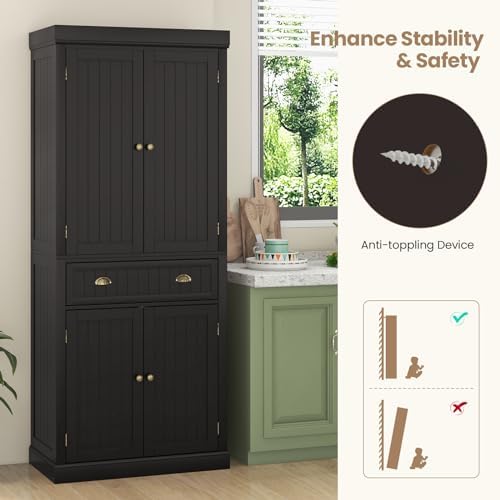 Tangkula 72" H Pantry Cabinet, Large Tall Storage Cabinet with Doors, Black
