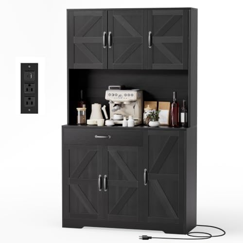 GRUSIGN 71" Pantry Cabinet with Charging Station, Large Capacity Kitchen Hutch Storage Cabinet, Kitchen Cabinet with Microwave Stand, Storage Drawers & Adjustable Shelves for Dining Room, Black