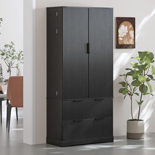 KEIKI 72" Fluted Kitchen Pantry Cabinet with 2 Drawers & 8 Door Spice Racks, Tall Freestanding Storage Cabinet with Adjustable Shelf for Kitchen, Dining Room, Bathroom, Black
