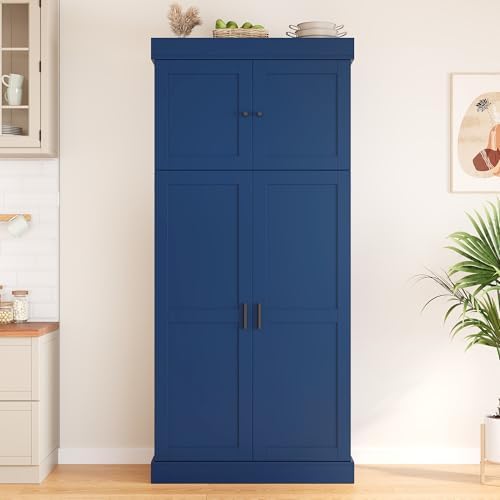 Merax 77''Tall Freestanding Kitchen Pantry,Farmhouse Tall Storage Cabinet with 2 Standard Plugs and 2 USB Ports,Wood Food Pantry with Adjustable Shelves,Door Shelves, Drawers and Wine Racks,Blue