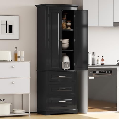 Merax 70" Pantry Cabinet with Two Doors & Three Drawer, Adjustable Shelves Storage Cupboard for Kitchen/Dining Room/Bathroom, Black