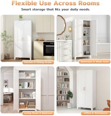 Zevemomo 61" H Metal Kitchen Pantry Cabinet, Freestanding Cupboard with 2 Doors and 3 Adjustable Shelves, Tall Metal Storage Cabinet for Kitchen, Bathroom, Dining Room or Laundry Room （White）