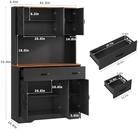 IDEALHOUSE 71" Kitchen Pantry Cabinet with Charging Station, Black