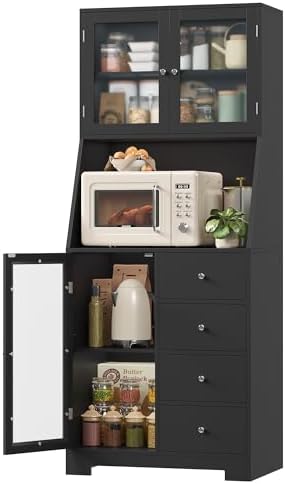 BOTLOG 64'' Kitchen Pantry Storage Cabinet, Tall Kitchen Storage Cabinet with Microwave Stand, Hutch Cabinet with Adjustable Shelves, for Dining Room, Black