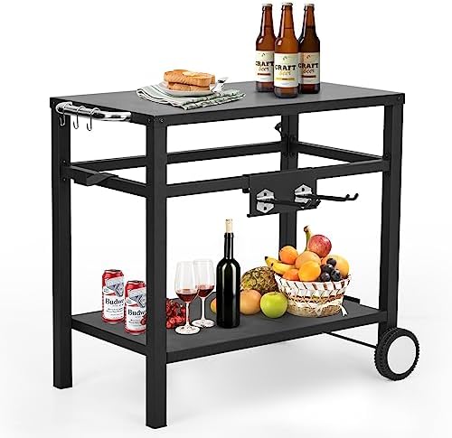 Outdoor Grill Cart - Portable Barbecue Table with Rolling Wheels, Hooks, Double Shelves, Removable Steel Flat Top Work Surface, Side Handles, Multifunctional Commercial Design