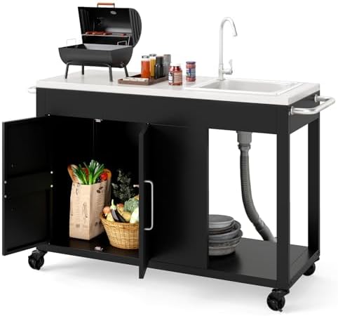 Happygrill 56" Outdoor Grill Table with Sink, Drainage & Storage Cabinet