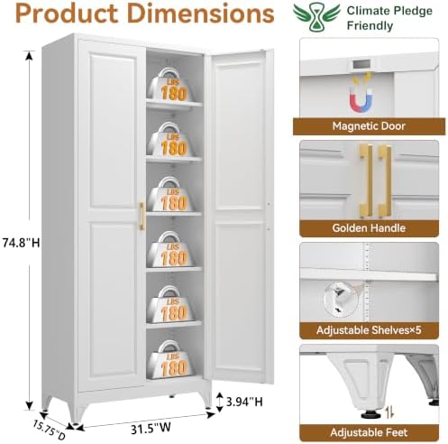 Polup 75" Pantry Cabinet, Tall Metal Storage Cabinet with Doors and Shelves