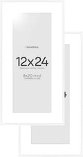 Homeforia 12x24 Picture Frame White, High End Metal 12x24 Poster Frames with Mat 8x20 inch Photo, 12 x 24 White Frames Matted to 8 by 20 Print, 24x12 Panoramic Frames, Tempered Glass, Wall Kit, Set of 2