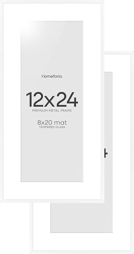 Homeforia 12x24 Picture Frame White, High End Metal 12x24 Poster Frames with Mat 8x20 inch Photo, 12 x 24 White Frames Matted to 8 by 20 Print, 24x12 Panoramic Frames, Tempered Glass, Wall Kit, Set of 2