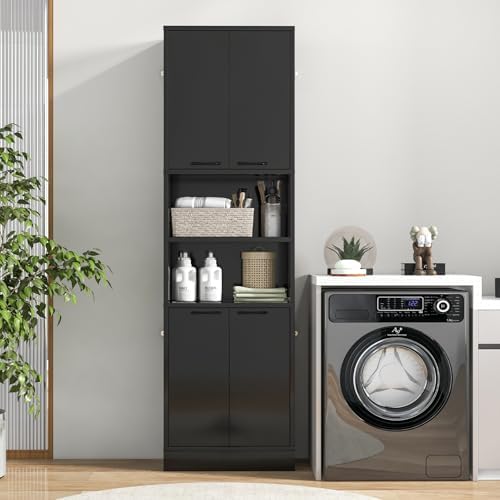 75” Kitchen Pantry Cabinet, Tall Freestanding Kitchen Hutch with 4 Doors, 2 Open Shelves & 4 Anti-Tipping Devices, Bathroom Storage Cabinet for Living Room, Dining Room (Black)