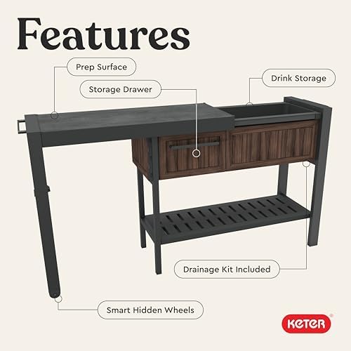 Extendable Outdoor Bar Cart with Hidden Cooler, Storage Drawers & Prep Surface – Mobile Patio Serving Station with Drainage Kit & Hidden Wheels for Backyard, Garden & Poolside Entertaining